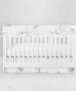 Bumperless Crib Set with Pleated Skirtand Scalloped Rail Covers - Soft Floral Sky