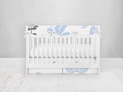Bumperless Crib Set with Pleated Skirtand Scalloped Rail Covers - Blue Blossom Beauty