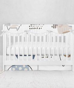 Bumperless Crib Set with Pleated Skirtand Scalloped Rail Covers - Elephant March