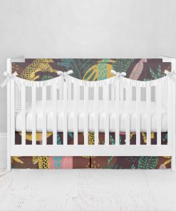 Bumperless Crib Set with Pleated Skirtand Scalloped Rail Covers - Tropical Cheetah