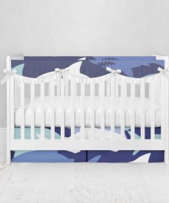 Bumperless Crib Set with Pleated Skirtand Scalloped Rail Covers - Shark Sea