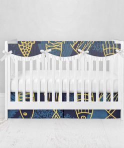 Bumperless Crib Set with Pleated Skirtand Scalloped Rail Covers - Yellow Fish