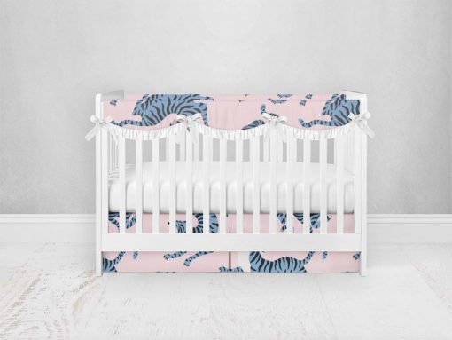 Bumperless Crib Set with Pleated Skirtand Scalloped Rail Covers - Blue & Pink Tigers