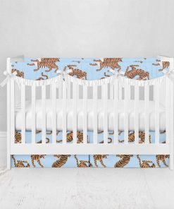 Bumperless Crib Set with Pleated Skirtand Scalloped Rail Covers - Blue & Yellow Tigers