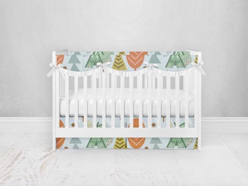 Bumperless Crib Set with Pleated Skirtand Scalloped Rail Covers - Camping
