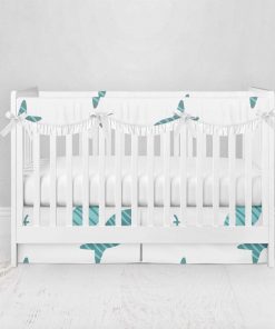 Bumperless Crib Set with Pleated Skirtand Scalloped Rail Covers - Two Blue Fish