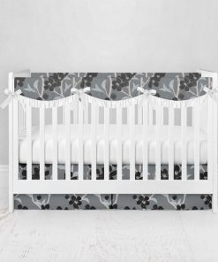 Bumperless Crib Set with Pleated Skirtand Scalloped Rail Covers - Baby Black Blooms