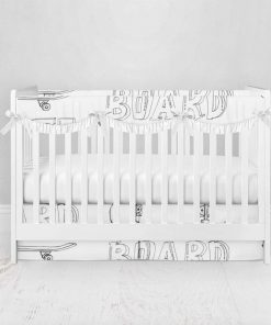 Bumperless Crib Set with Pleated Skirtand Scalloped Rail Covers - Skateboard Sketch