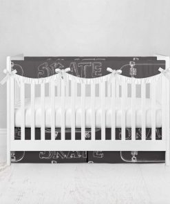 Bumperless Crib Set with Pleated Skirtand Scalloped Rail Covers - Skateboard Sketch Black