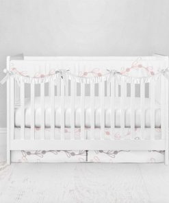 Bumperless Crib Set with Pleated Skirtand Scalloped Rail Covers - Big Pink Vines