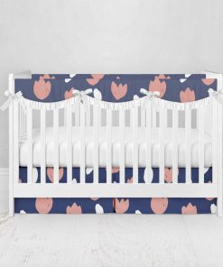 Bumperless Crib Set with Pleated Skirtand Scalloped Rail Covers - Tulip on Blue