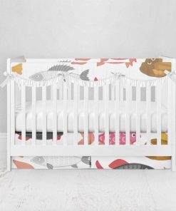 Bumperless Crib Set with Pleated Skirtand Scalloped Rail Covers - Small Fish