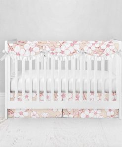 Bumperless Crib Set with Pleated Skirtand Scalloped Rail Covers - Peachy Bloom