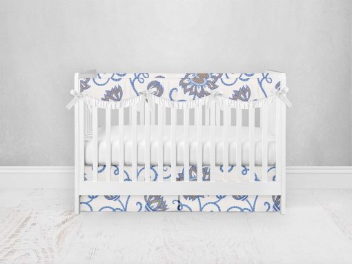 Bumperless Crib Set with Pleated Skirtand Scalloped Rail Covers - Beautiful Blues