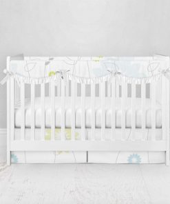 Bumperless Crib Set with Pleated Skirtand Scalloped Rail Covers - Daisy Blue