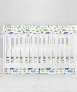 Bumperless Crib Set with Pleated Skirtand Scalloped Rail Covers - Dino Days
