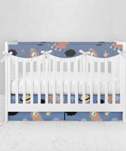 Bumperless Crib Set with Pleated Skirtand Scalloped Rail Covers - Space Blue