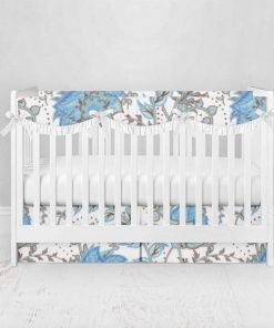 Bumperless Crib Set with Pleated Skirtand Scalloped Rail Covers - Bitty Blue