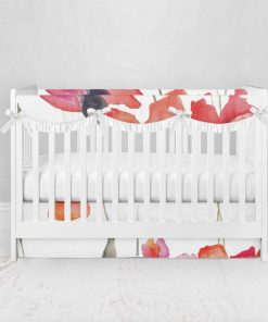 Bumperless Crib Set with Pleated Skirtand Scalloped Rail Covers - Soft Red Buds