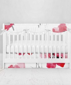 Bumperless Crib Set with Pleated Skirtand Scalloped Rail Covers - Watercolor Poppy