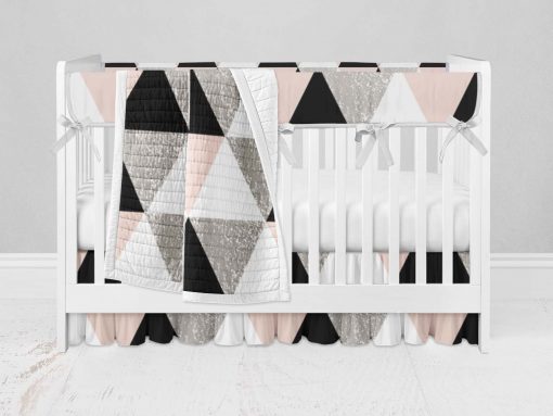 Bumperless Crib Set with Ruffle Skirt and Modern Rail Cover - Geo Check Pink