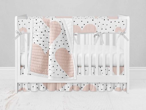Bumperless Crib Set with Ruffle Skirt and Modern Rail Cover - Hearts and Dots
