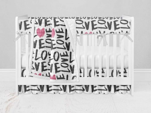 Bumperless Crib Set with Ruffle Skirt and Modern Rail Cover - Love Everywhere
