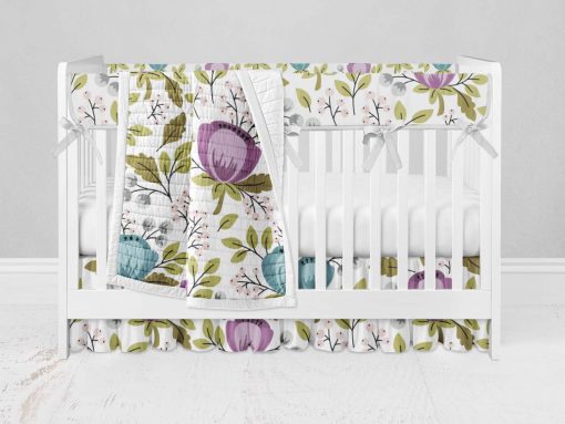 Bumperless Crib Set with Ruffle Skirt and Modern Rail Cover - Floral Teal Purple