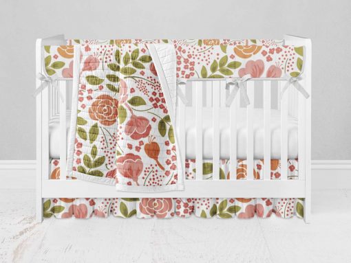 Bumperless Crib Set with Ruffle Skirt and Modern Rail Cover - Coral Flowers