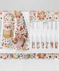 Bumperless Crib Set with Ruffle Skirt and Modern Rail Cover - Owl Folk