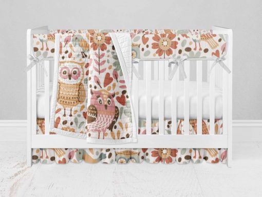 Bumperless Crib Set with Ruffle Skirt and Modern Rail Cover - Owl Folk