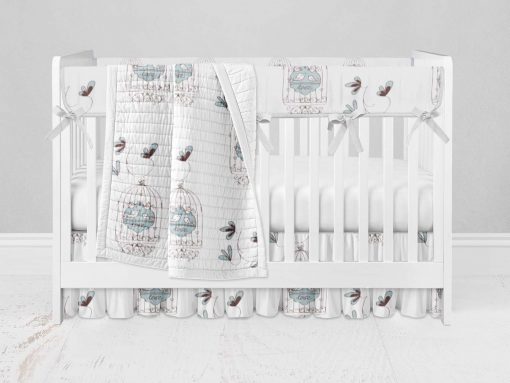 Bumperless Crib Set with Ruffle Skirt and Modern Rail Cover - Tweet Tweet