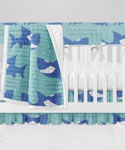Bumperless Crib Set with Ruffle Skirt and Modern Rail Cover - Funny Shark