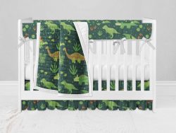 Bumperless Crib Set with Ruffle Skirt and Modern Rail Cover - Dino Green
