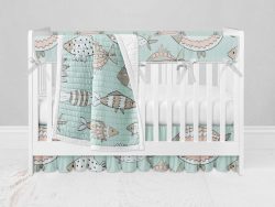 Bumperless Crib Set with Ruffle Skirt and Modern Rail Cover - Schooling
