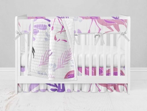 Bumperless Crib Set with Ruffle Skirt and Modern Rail Cover - Flamingos And Flowers