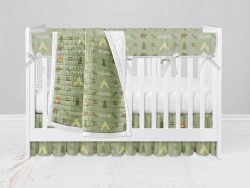 Bumperless Crib Set with Ruffle Skirt and Modern Rail Cover - Camping Out