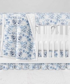 Bumperless Crib Set with Ruffle Skirt and Modern Rail Cover - Blue Birds Floral