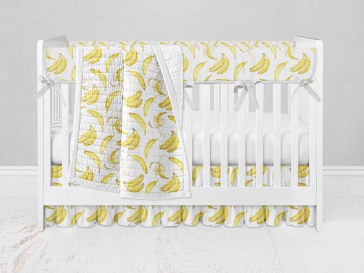 Bumperless Crib Set with Ruffle Skirt and Modern Rail Cover - Watercolor Banana