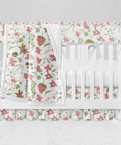 Bumperless Crib Set with Ruffle Skirt and Modern Rail Cover - Strawberry Sunshine