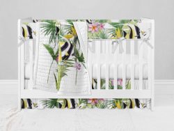 Bumperless Crib Set with Ruffle Skirt and Modern Rail Cover - Tropical Fish Palm Leaves