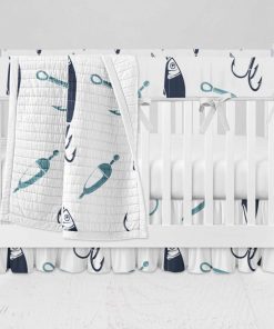 Bumperless Crib Set with Ruffle Skirt and Modern Rail Cover - Lets Go Fish