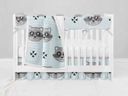 Bumperless Crib Set with Ruffle Skirt and Modern Rail Cover - Blue Racoon