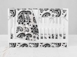 Bumperless Crib Set with Ruffle Skirt and Modern Rail Cover - Black Paisley