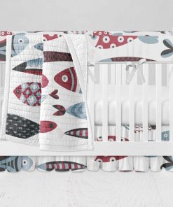 Bumperless Crib Set with Ruffle Skirt and Modern Rail Cover - Fish-a-Plenty