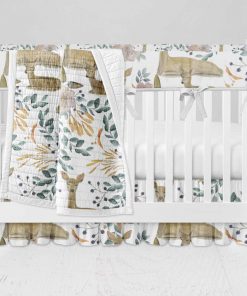 Bumperless Crib Set with Ruffle Skirt and Modern Rail Cover - Illustrated Deer