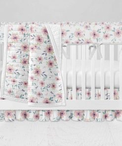 Bumperless Crib Set with Ruffle Skirt and Modern Rail Cover - Pink Baby Blossom