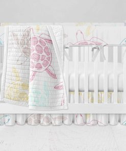 Bumperless Crib Set with Ruffle Skirt and Modern Rail Cover - Sea Turtle Sketch