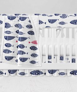 Bumperless Crib Set with Ruffle Skirt and Modern Rail Cover - Red Fish