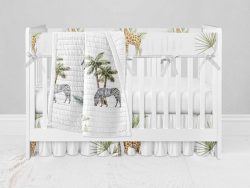 Bumperless Crib Set with Ruffle Skirt and Modern Rail Cover - Zebra Palm Tree